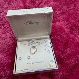Disney Silver Mickey Outline Necklace with Stud Earrings - Silver